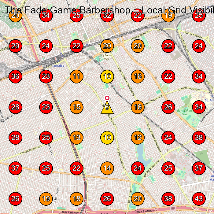 The Fade Game Barbershop GeoGrid visibility map for Barber Shop in Jamaica Ave